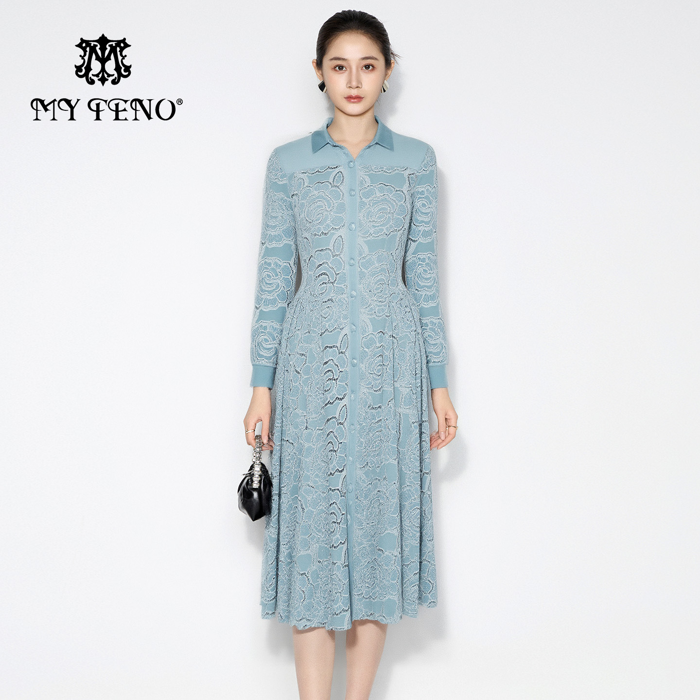 马天奴浅绿镂空绣花丝绒连衣裙