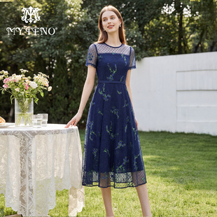 新款 纯色刺绣网纱连衣裙收腰长裙大摆气质礼裙子夏季 马天奴女装