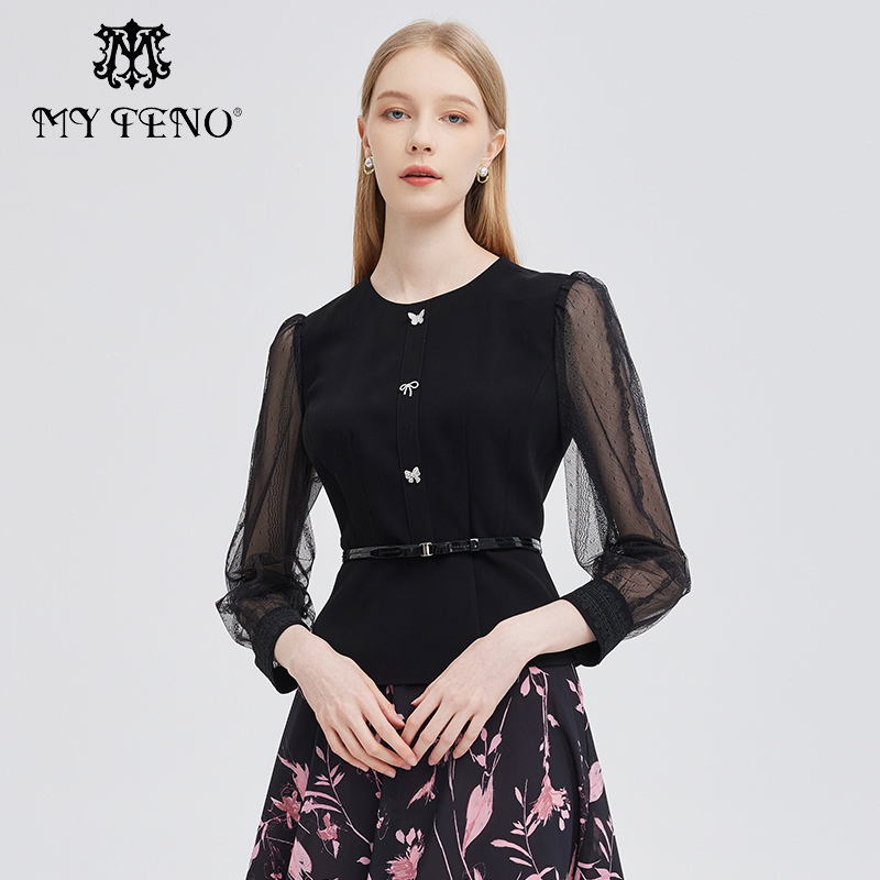 马天奴圆领拼接蕾丝上衣