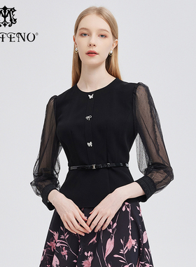 专柜正品马天奴女装春夏新款圆领拼接蕾丝流行上衣时尚MRS357POX0