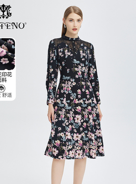 专柜正品马天奴女秋冬新款黑色印花连衣裙气质裙子流行MTA663DRX0