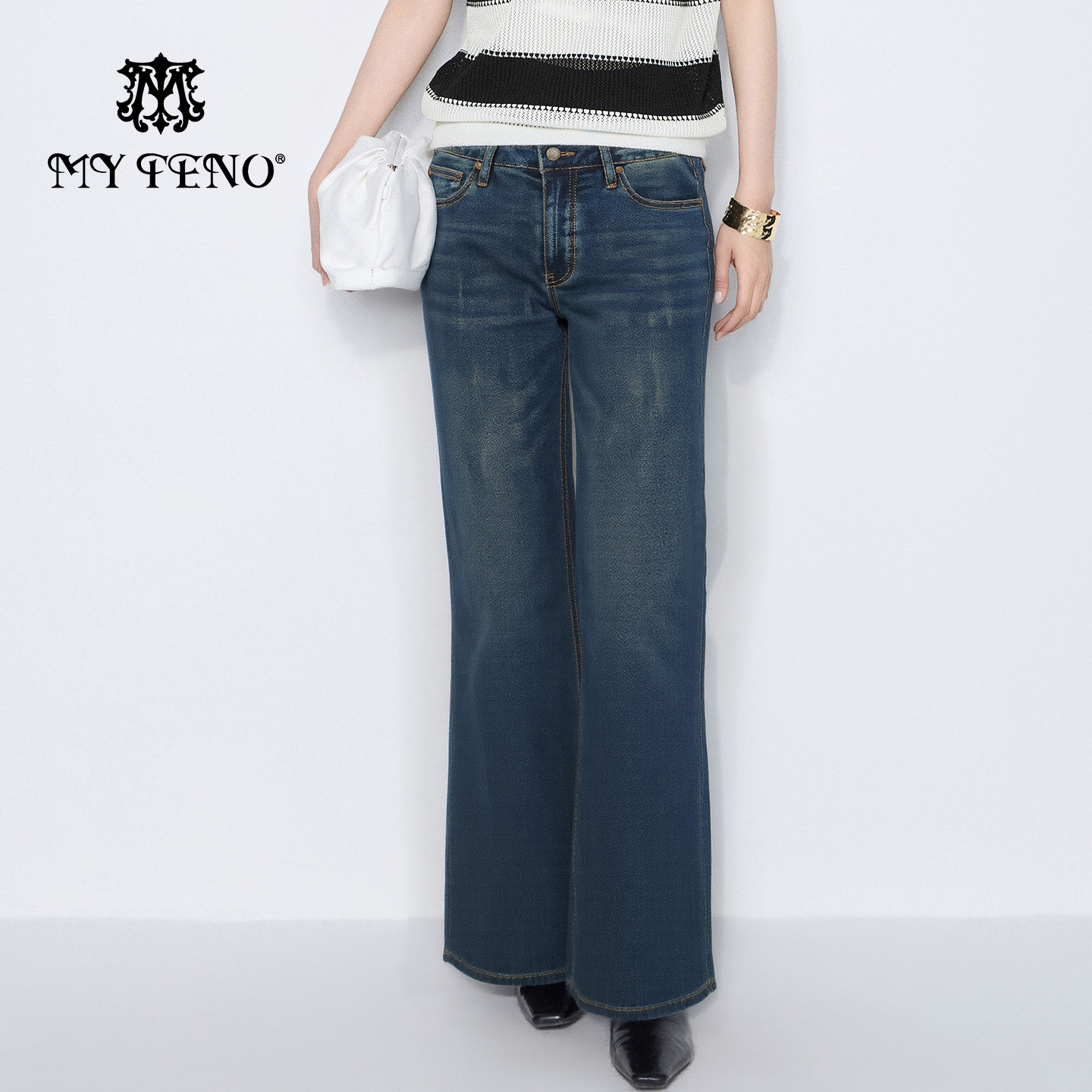 马天奴深蓝棉质高腰直筒牛仔裤