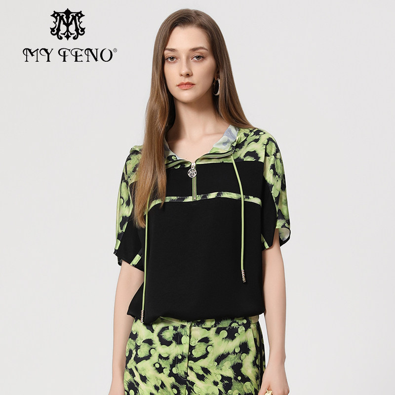 专柜正品马天奴春夏新款女黑色印花拼接上衣撞色拉链套头时尚气质,女装/女士精品,卫衣/绒衫,淘宝优惠券,粉丝福利购,淘宝优惠卷