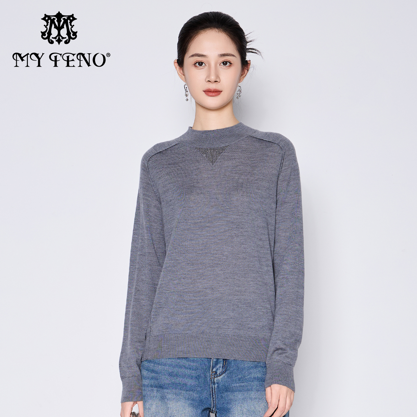 马天奴灰色圆领烫钻羊毛针织衫