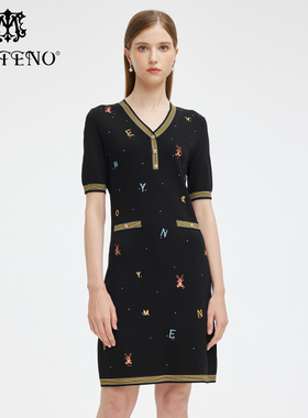 专柜正品马天奴春夏新款女黑色刺绣针织裙V领连衣裙子MRS101SWB0