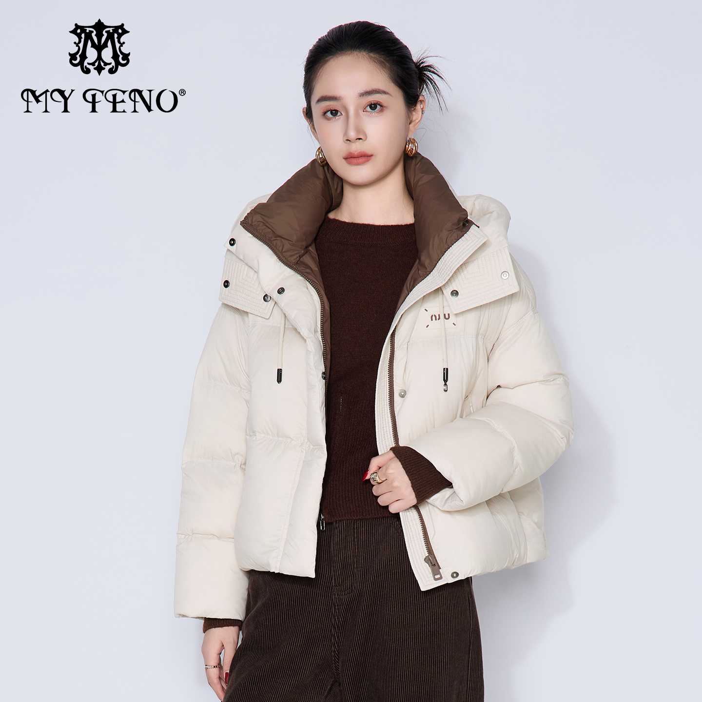 马天奴连帽高领短款拉链羽绒服