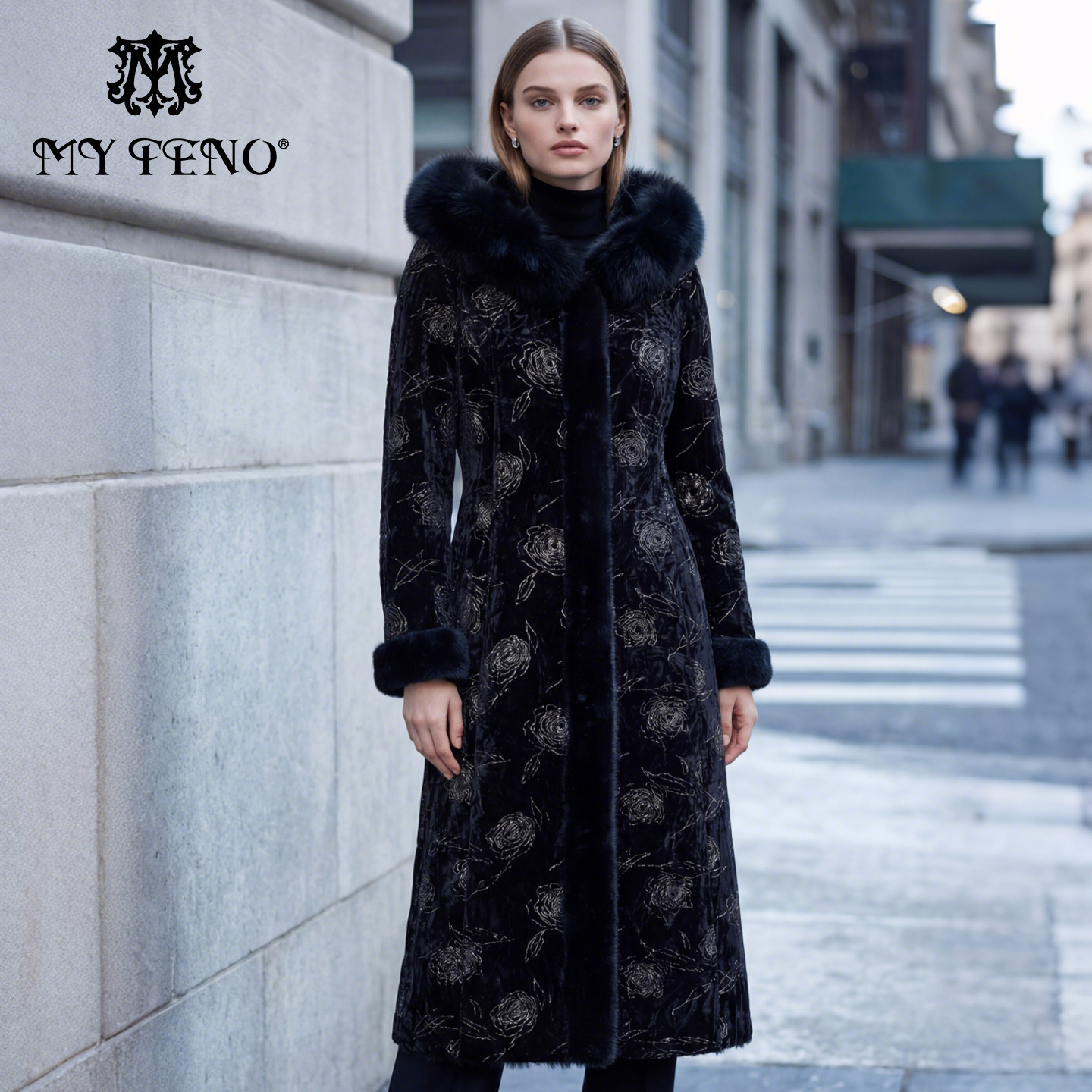 马天奴2025冬季新款棕色印花狐狸毛领连帽长款大衣外套毛绒一体女,女装/女士精品,短外套,淘宝优惠券,粉丝福利购,淘宝优惠卷