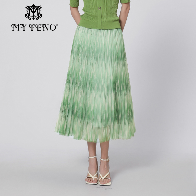 马天奴绿色印花松紧腰网纱半裙