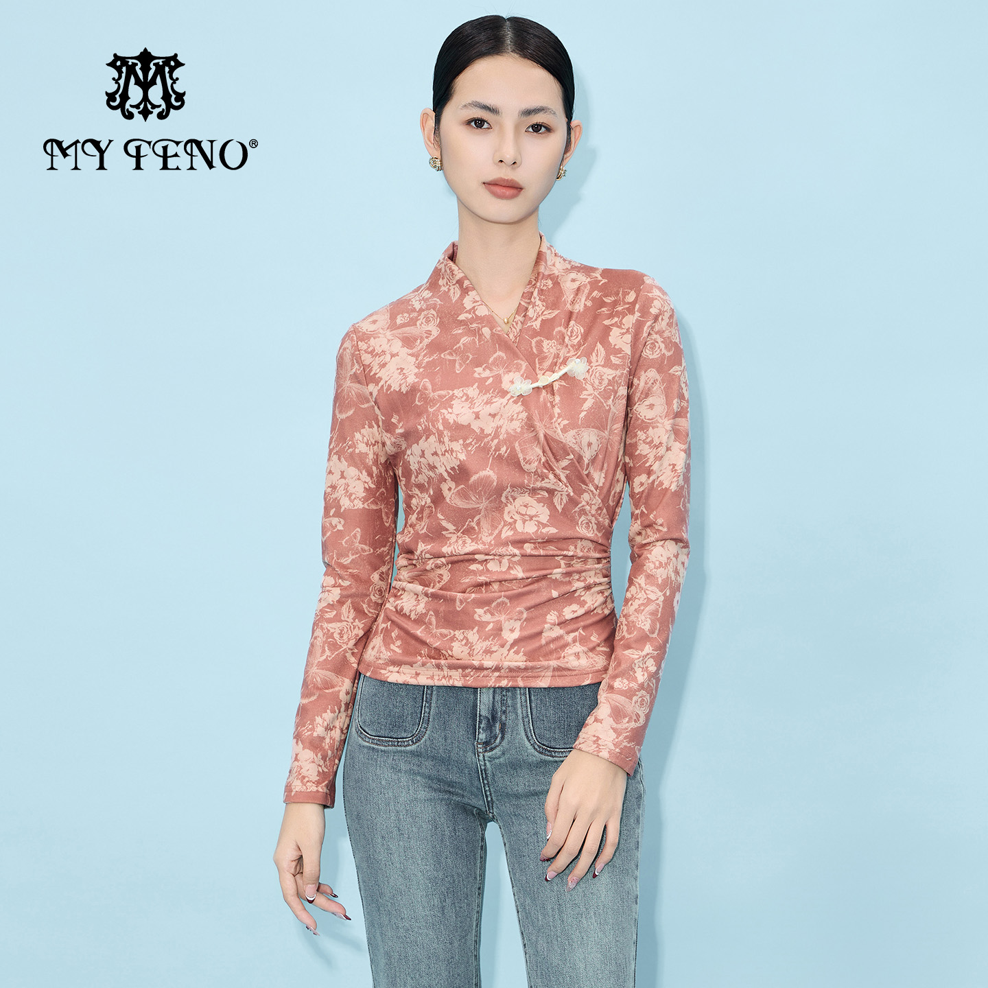 马天奴新中式粉色印花修身上衣