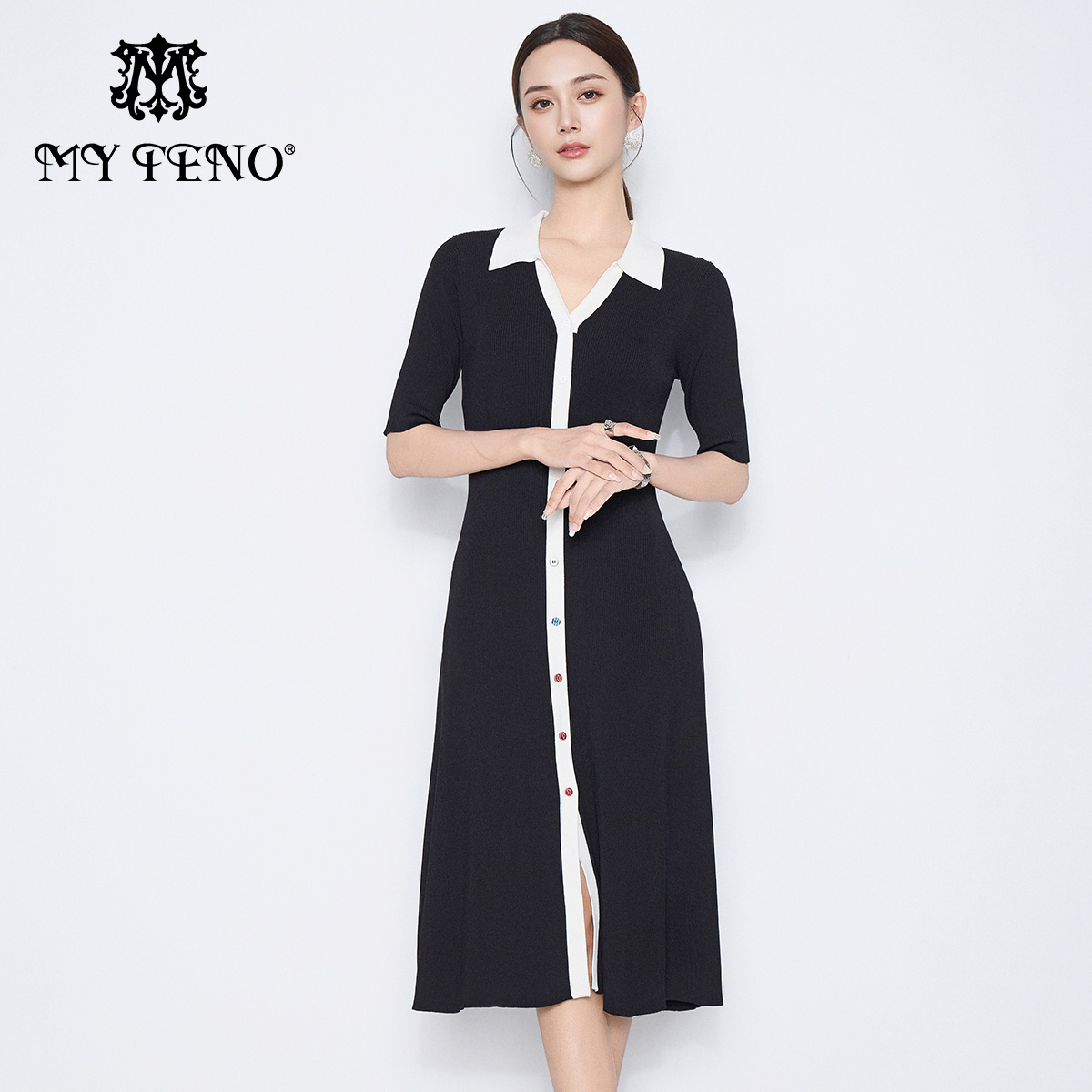 马天奴2025春夏新款撞色针织连衣裙子V型翻领收腰短袖气质时尚女