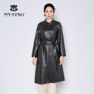 皮革皮衣外套大衣收腰带气质通勤女装 长款 马天奴春秋新款 官方正品