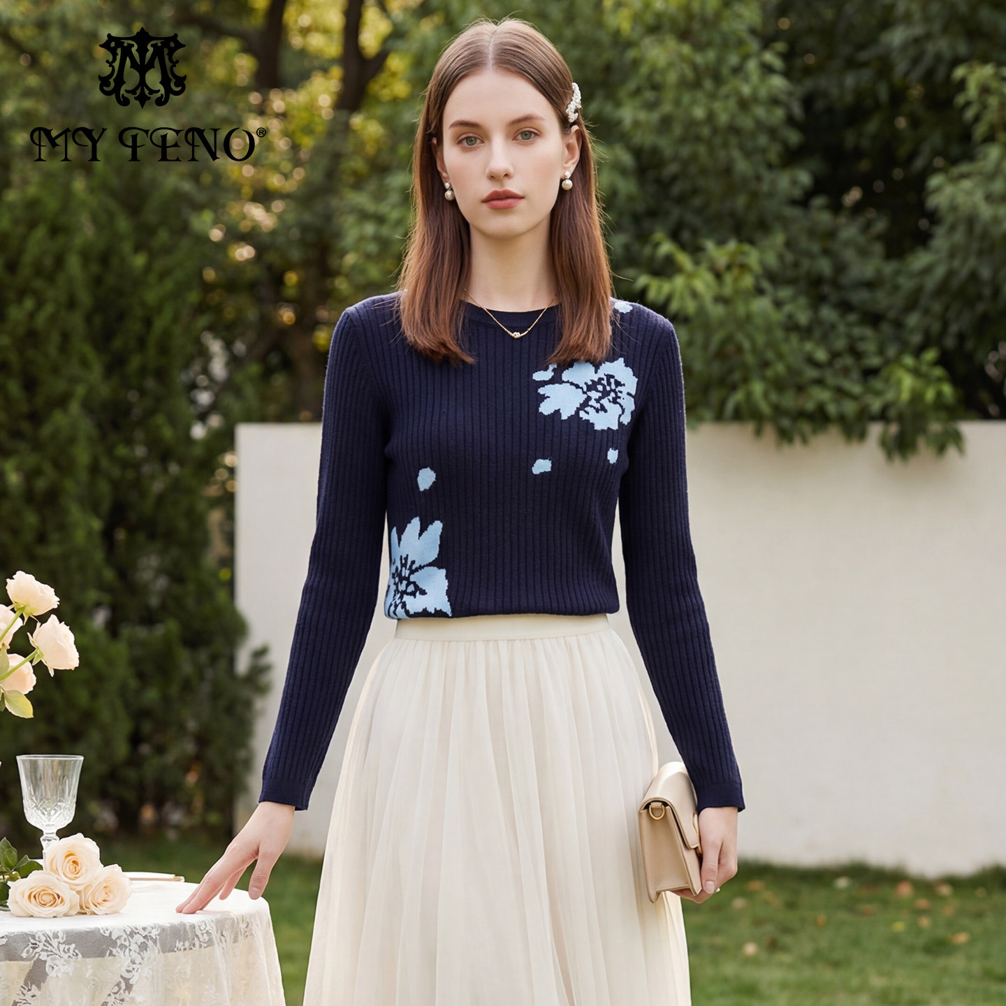 马天奴2025秋冬新款藏青提花圆领针织衫长袖毛衫毛衣气质百搭女装,女装/女士精品,毛针织衫,淘宝优惠券,粉丝福利购,淘宝优惠卷