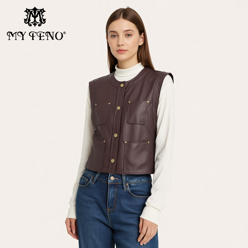 马天奴红色圆领单排扣皮革马甲