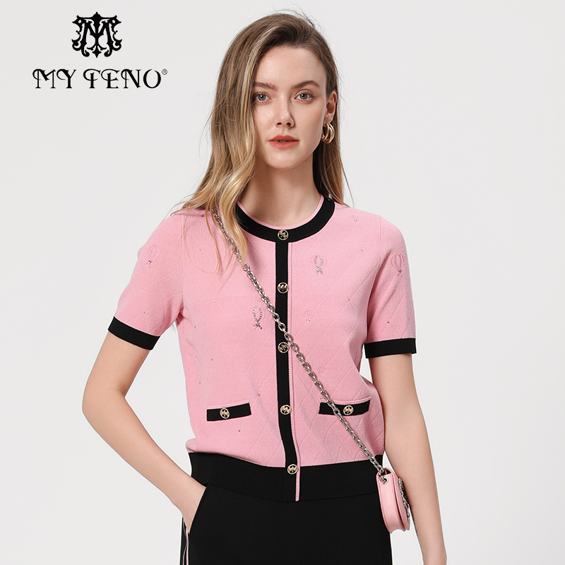 马天奴粉色烫钻短袖撞色针织衫