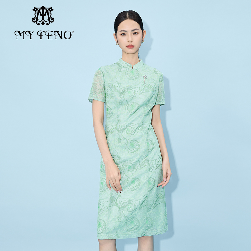 马天奴绿色绣花蕾丝收腰连衣裙