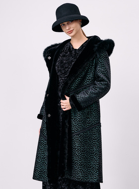 马天奴冬季新款黑色印花毛领连帽金貂绒大衣长款加厚气质保暖外套