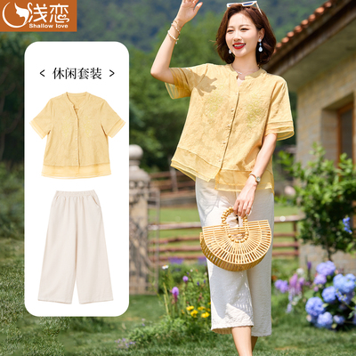 妈妈休闲棉麻衬衫中年女装夏装短袖上衣服中老年刺绣棉质衬衣套装