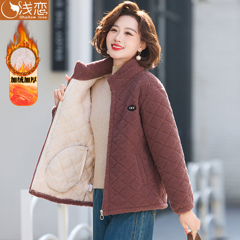 妈妈洋气加绒加厚棉衣中年妇女装秋冬装棉服中老年颗粒绒棉袄外套