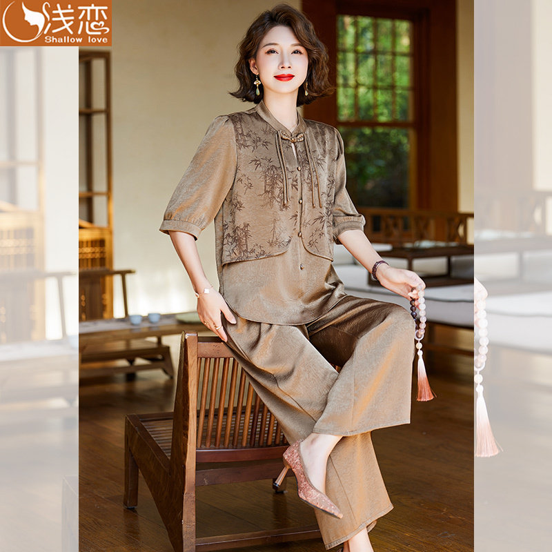 妈妈装洋气盘扣雪纺上衣服中年女夏装新款中老年气质薄款小衫套装