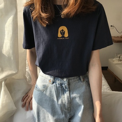 夏季新款韓版港味復古短袖半袖寬鬆上衣人頭印花寬鬆恤潮
