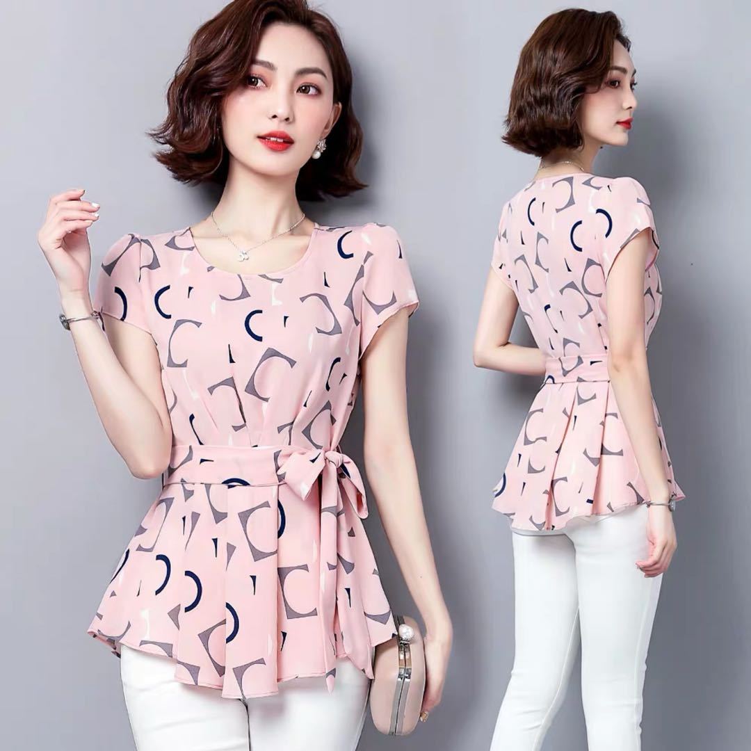Chiffon shirt women's mid long summer waist short sleeve print top fashionable and versatile, large size shows thin