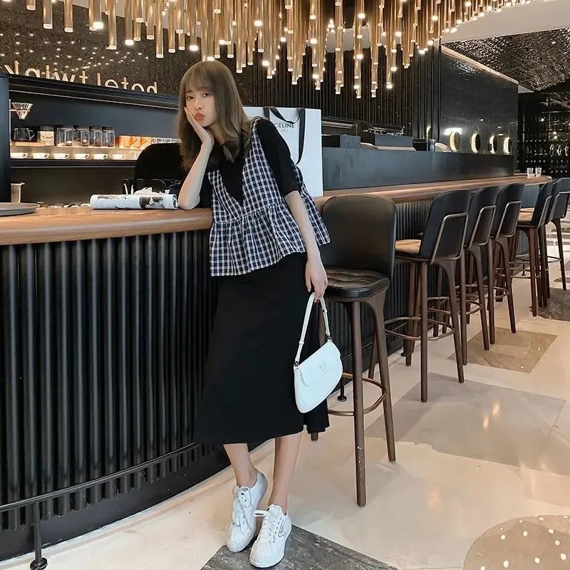 黑色吊帶連衣裙女夏季2021新款大碼法式兩件套裝長款長裙t恤裙子