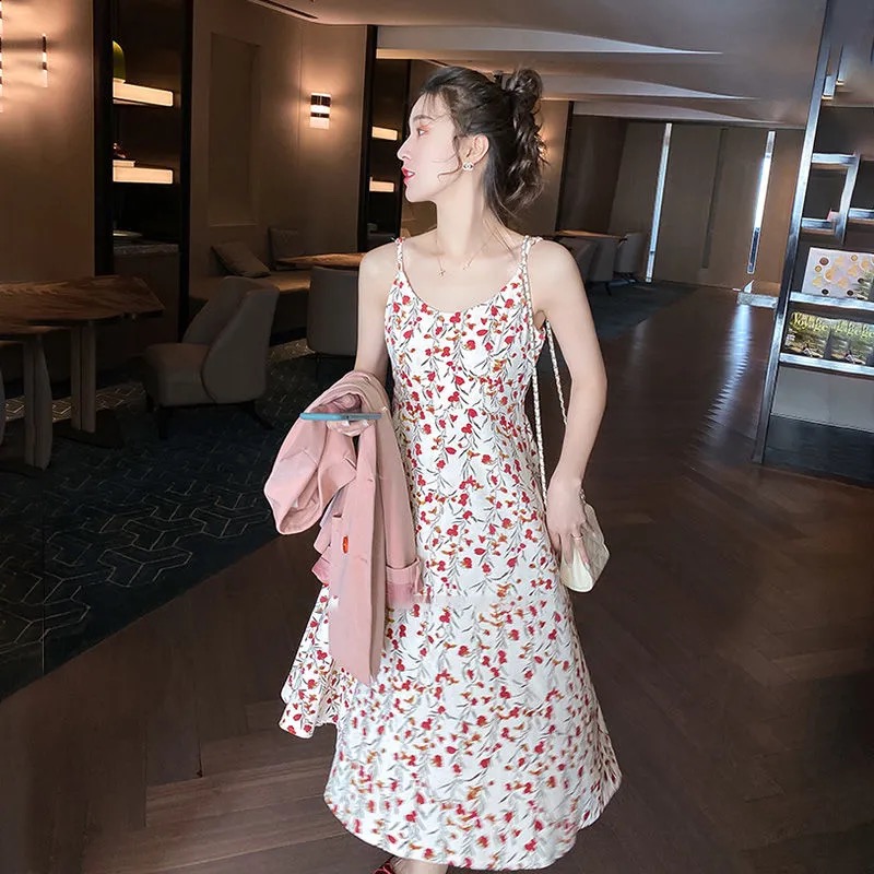 Floral suspender dress women's new spring and summer season imitation ice silk word skirt Korean mid long skirt slim fashion