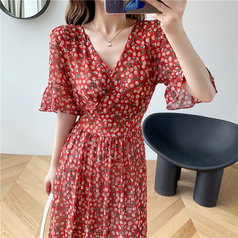 French floral holiday dress retro waist V-Neck long chiffon skirt trumpet sleeve fairy mid sleeve skirt