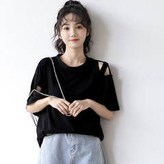 肩膀袖子破洞小眾設計感黑短袖T恤女學生