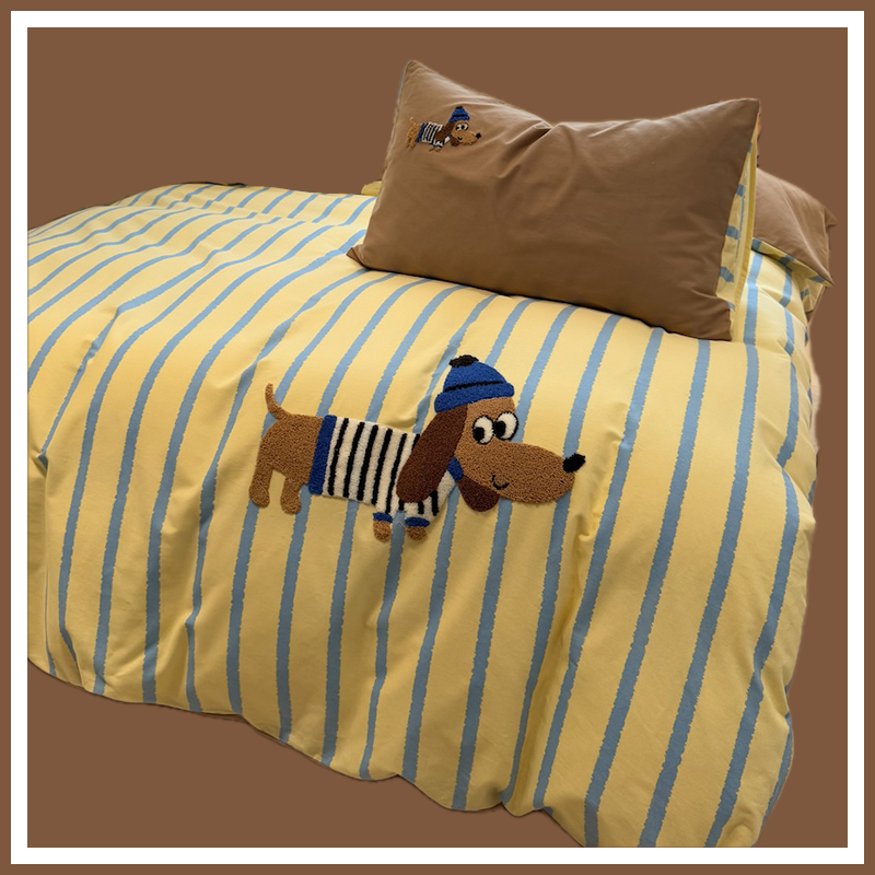复古条纹腊肠狗秋冬保暖纯棉磨毛四件套加厚全棉被套床单床上用品