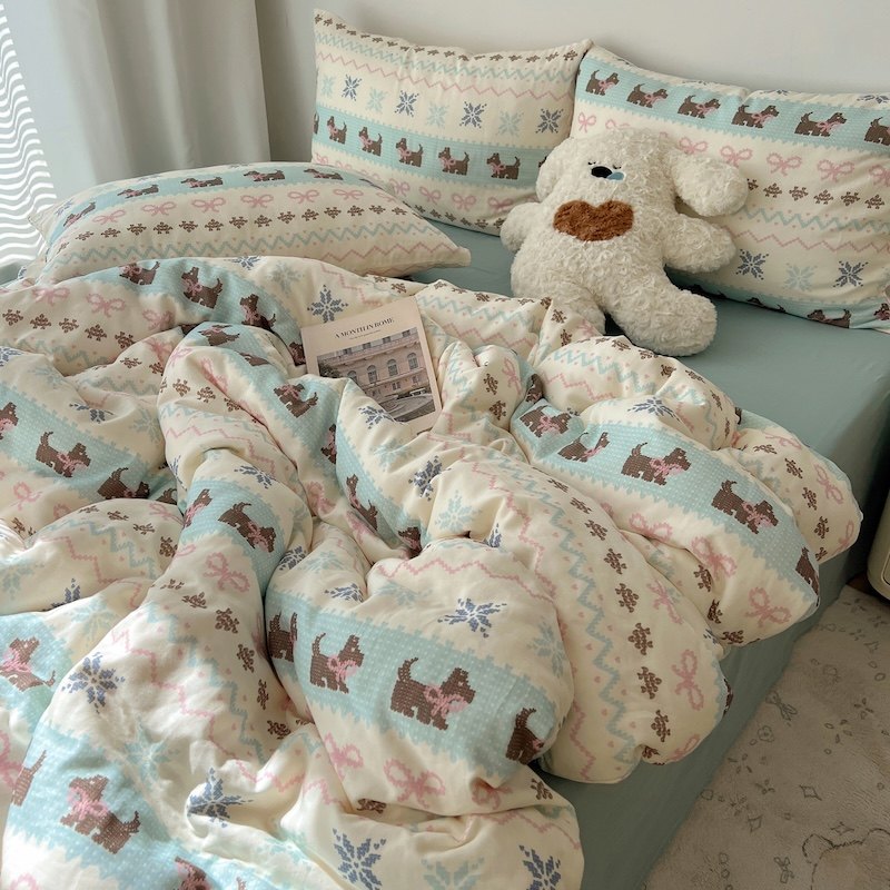 ins卡通小狗透气双层纱布全棉四件套超柔纯棉被套床单床上用品