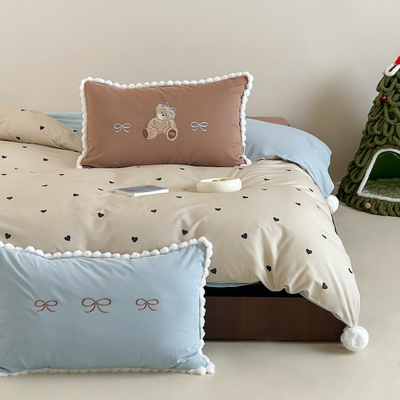 ins卡通爱心蝴蝶结100支厚实保暖纯棉磨毛四件套全棉被套床上用品
