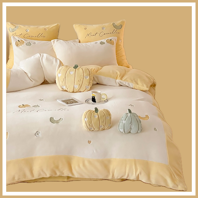 ins北欧南瓜秋冬加厚保暖牛奶绒四件套法莱绒珊瑚绒被套床上用品