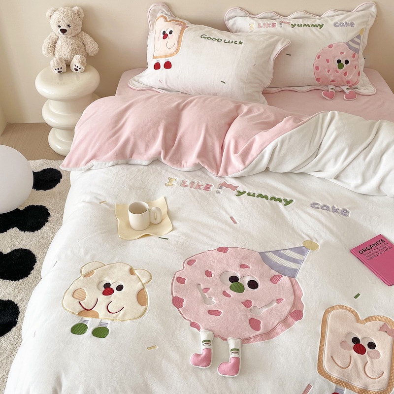 少女心粉曲奇秋冬加厚牛奶绒刺绣保暖四件套法兰绒珊瑚绒床上用品,床上用品,床品套件/四件套/多件套,淘宝优惠券,粉丝福利购,淘宝优惠卷