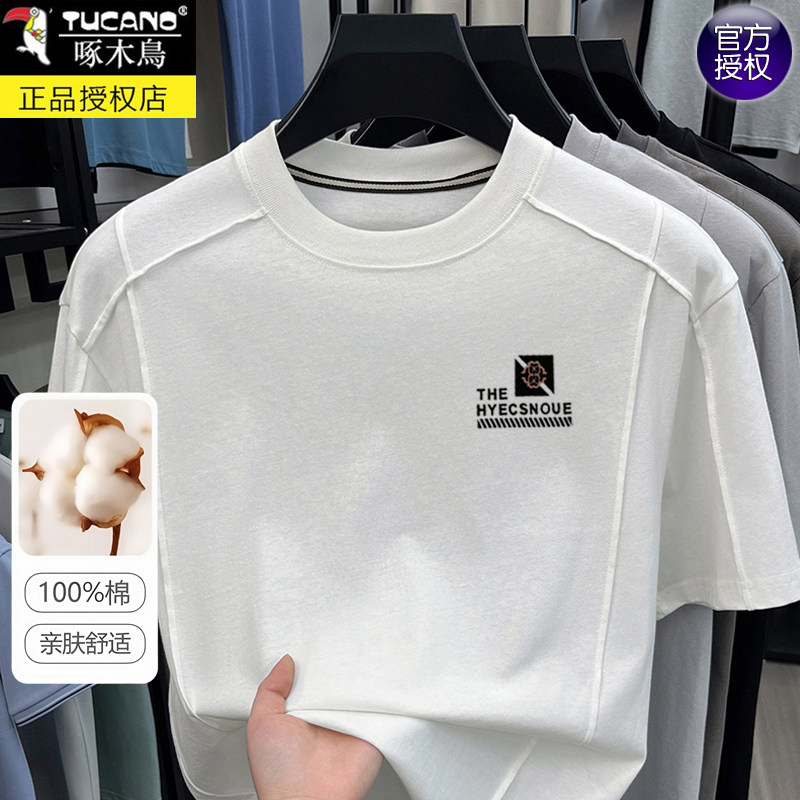啄木鸟纯棉短袖t恤男士印花半袖夏季薄款圆领上衣宽松休闲体恤衫