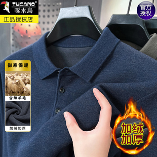 冬季 加厚保暖翻领polo衫 中年毛衣男加绒 羊毛衫 啄木鸟高档羊毛男士