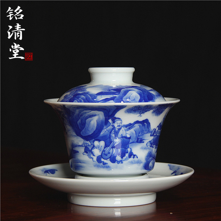 景德镇铭清堂于君窑青花山水马蹄盖碗全手工复古盖杯泡茶碗瓷茶具