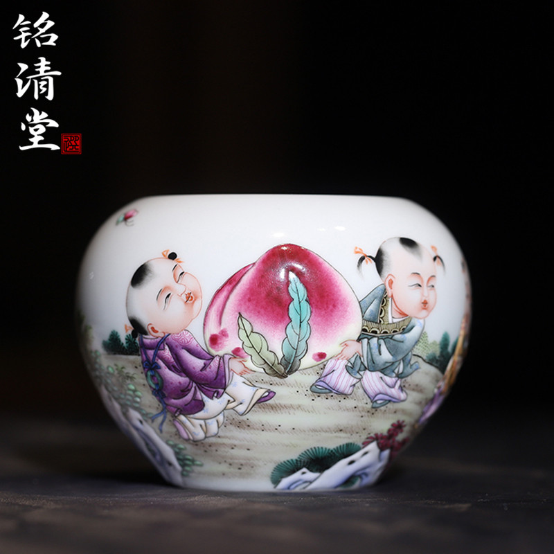 铭清堂于君窑粉彩五子献桃水盂全手工婴戏烟灰缸中式陶瓷复古茶具