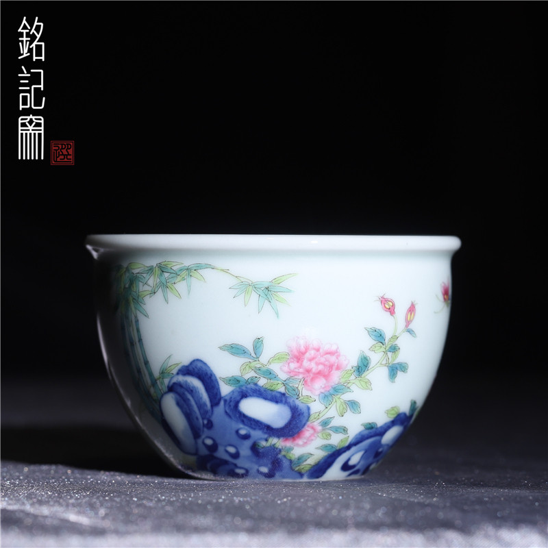铭记窑手绘斗彩婴戏水缸杯茶杯