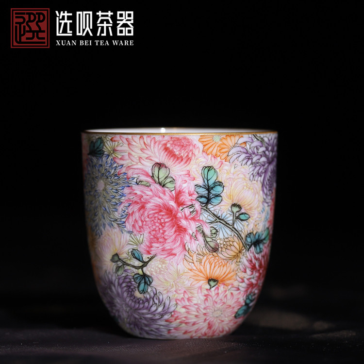 溢珍堂粉彩万菊手握杯手工茶杯