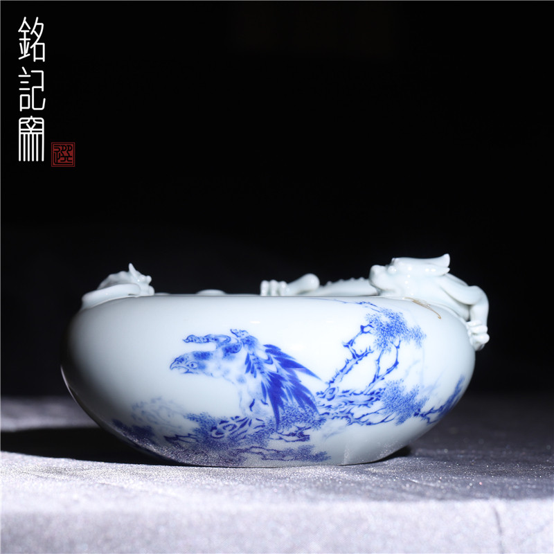 铭记柴窑青花福龙展翅笔洗烟灰缸