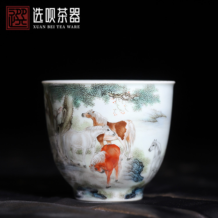 景德镇溢珍堂粉彩八骏图直口杯釉上手绘茶杯八马杯子陶瓷手工茶具