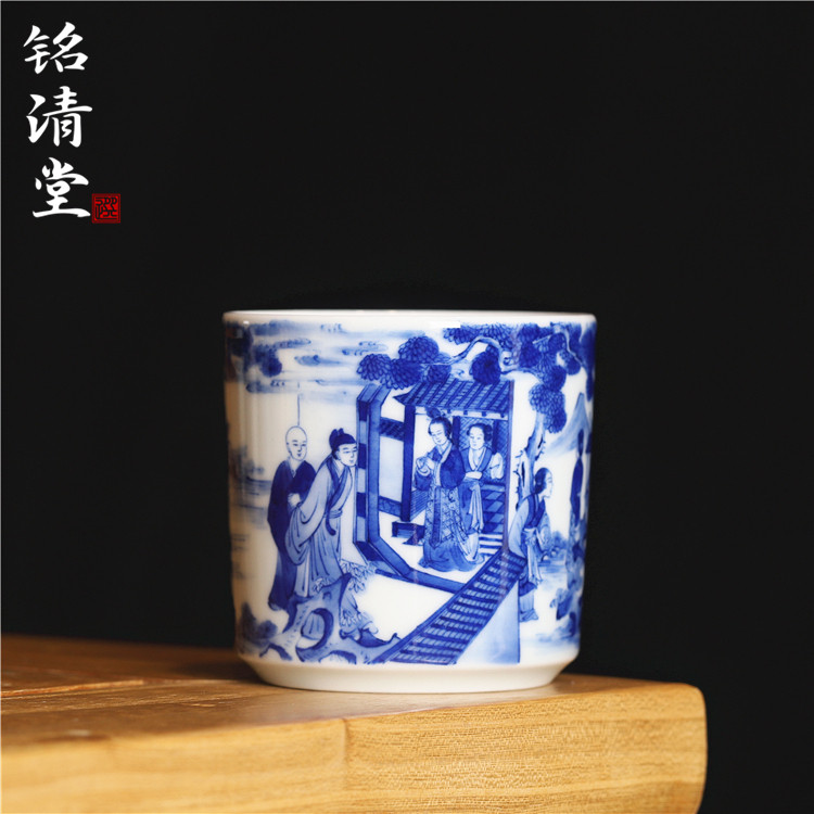铭清堂于君窑青花西厢记直筒杯全手工手绘人物杯复古杯子陶瓷茶具