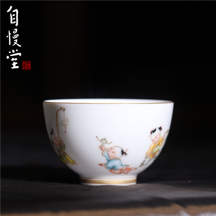 自慢堂瓷器婴戏手绘桃心杯全手工