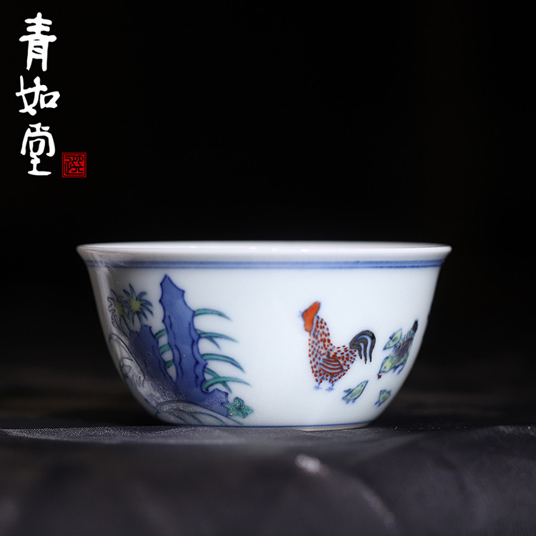 青如堂复刻款斗彩鸡缸杯全手工斗鸡手绘茶杯陶瓷经典杯子复古茶具