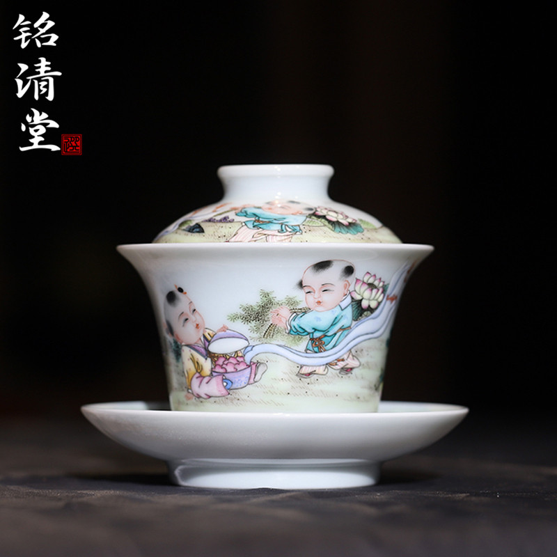 铭清堂于君窑粉青婴戏马蹄三才盖碗全手工泡茶器中式复古陶瓷茶具