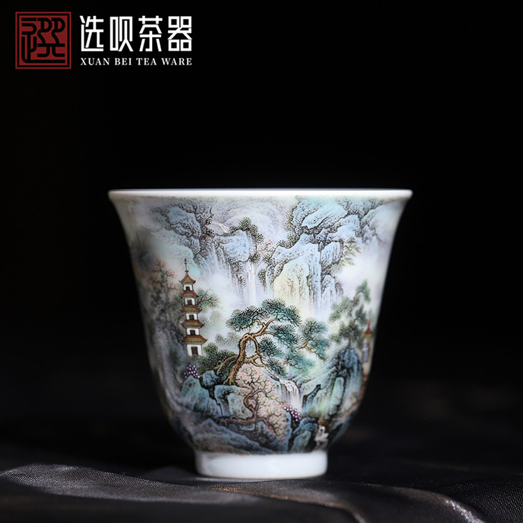 溢珍堂粉彩楼阁山水全手工花神杯
