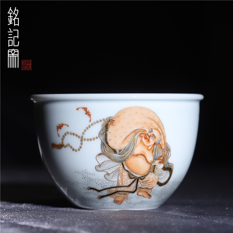 铭记窑墨彩布袋和尚水缸杯手工杯