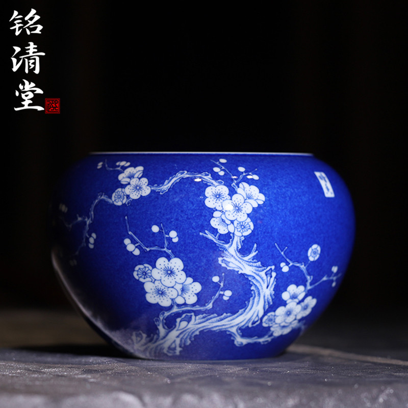 景德镇铭清堂于君窑青花撒蓝梅花水洗全手工手绘茶洗陶瓷复古茶具
