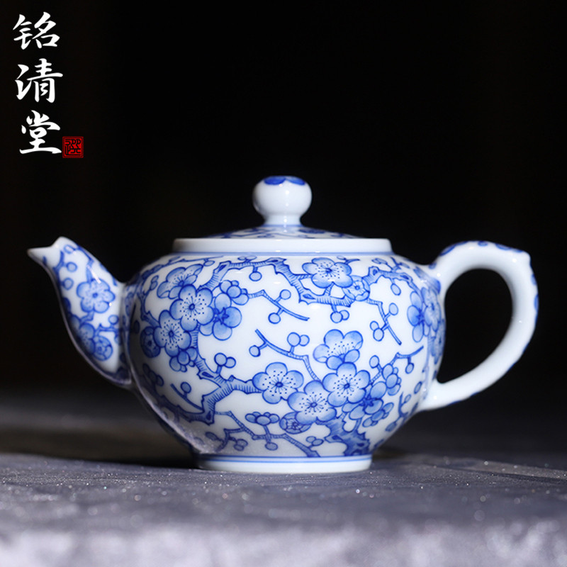 景德镇铭清堂于君青花满梅小壶手工梅花茶壶复古中式花卉陶瓷茶具